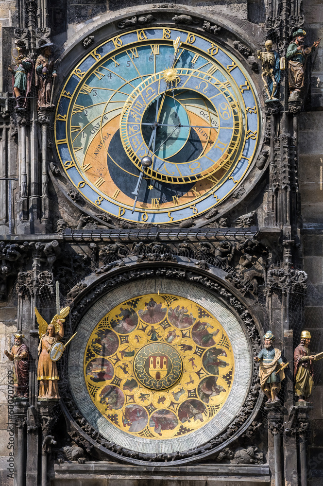 Medieval timepiece on the facade of city hall displaying the twelve apostles as the clock strikes. Prague, Czech Republic