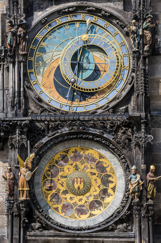 Medieval timepiece on the facade of city hall displaying the twelve apostles as the clock strikes. Prague, Czech Republic