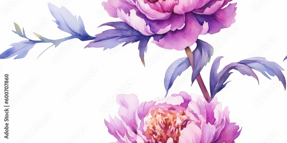 Obraz premium Watercolour Seamless Surface Pattern Tile: Bright Pink & Purple Modern Delicate Peony Peonies Floral Pattern on White Isolated Background: Textiles, Wallpaper & Home Decor. Generative AI.