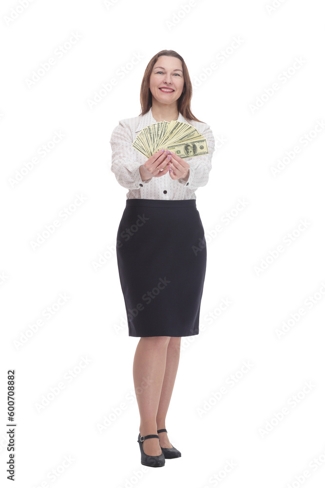 in full growth. happy business woman with banknotes. in full growth. happy business woman with banknotes.
