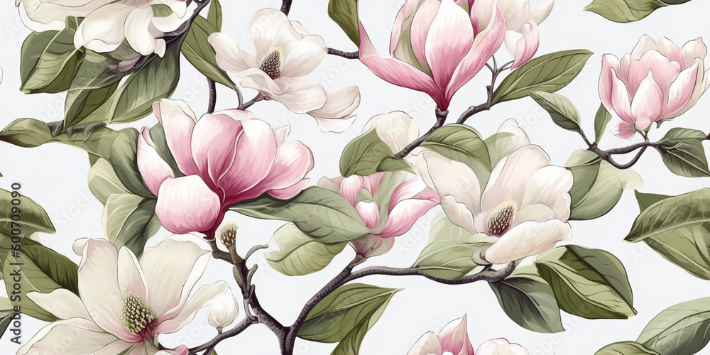 Watercolour Seamless Surface Pattern Tile: Vintage Pink & White Shabby Chic Delicate Magnolia Floral  Pattern Never Ending White Isolated Background: Textiles, Wallpaper & Home Decor. Generative AI.