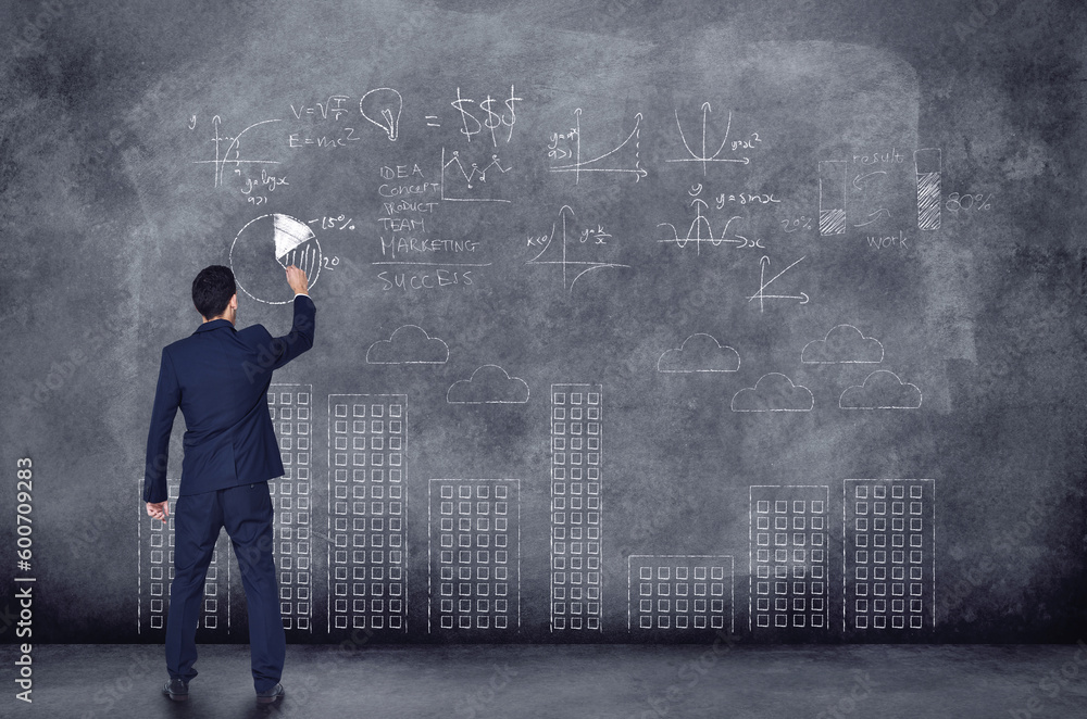 Businessman, numbers and chalkboard for finance in background is thinking of investment with graph. Professional person, planning and writing about future of company with idea to invest for profit. Businessman, numbers and chalkboard for finance in background is thinking of investment with graph. Professional person, planning and writing about future of company with idea to invest for profit.