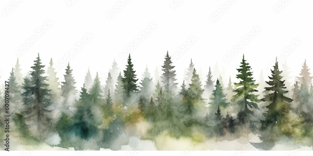 Watercolour Seamless Surface Pattern Tile: Modern Delicate Misty Foggy Eco Line of Pine Spruce Fir Forest Pattern on White Isolated Background: Textiles, Wallpaper & Home Decor. Generative AI.