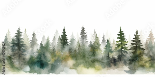 Watercolour Seamless Surface Pattern Tile: Modern Delicate Misty Foggy Eco Line of Pine Spruce Fir Forest Pattern on White Isolated Background: Textiles, Wallpaper & Home Decor. Generative AI.