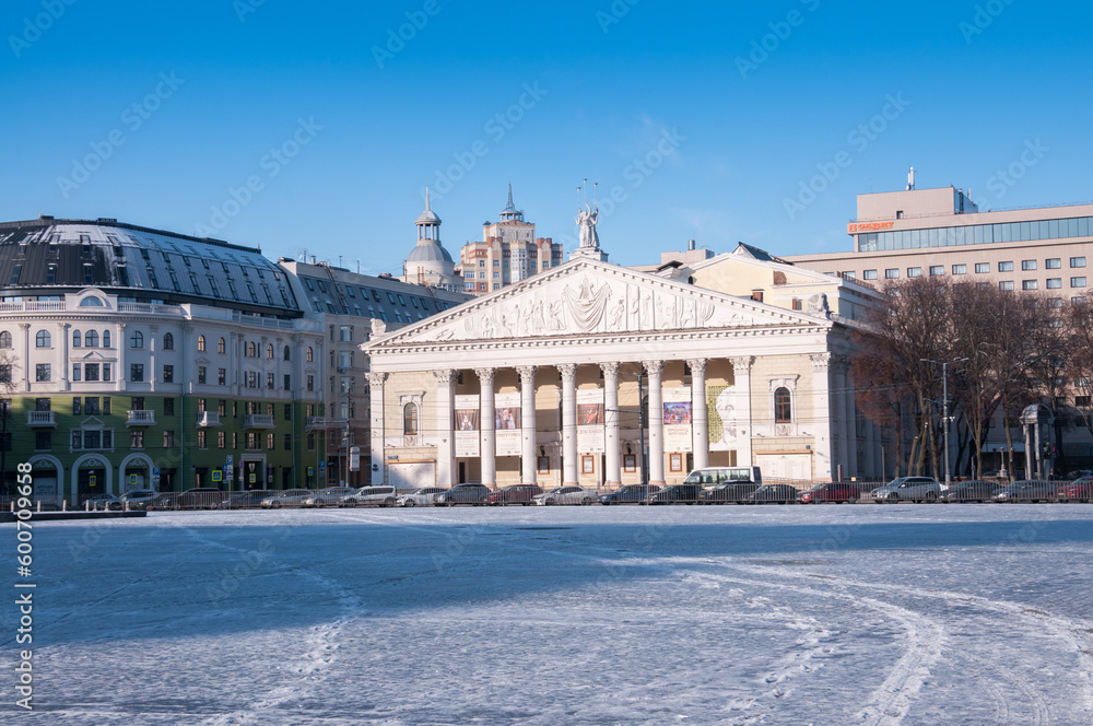 Voronezh, Russia, November 30, 2022: The building of the Voronezh State Opera and Ballet Theater near Lenin Square after a snowfall in winter