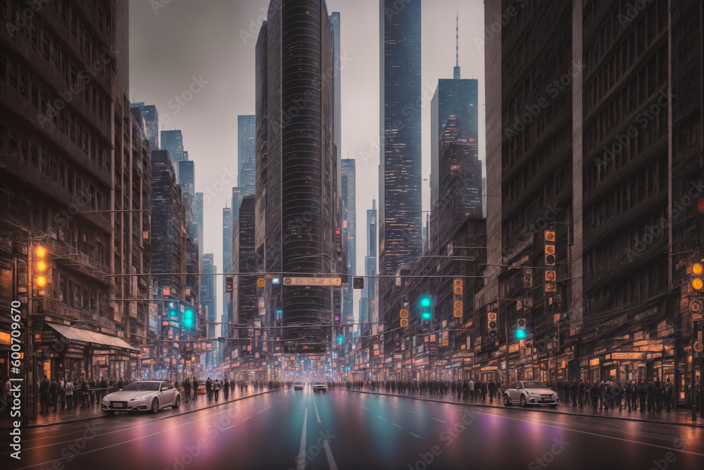 Modern city streets at night, skyscrapers and street lights, traffic and people. Generative AI. Modern city streets at night, skyscrapers and street lights, traffic and people. Generative AI.