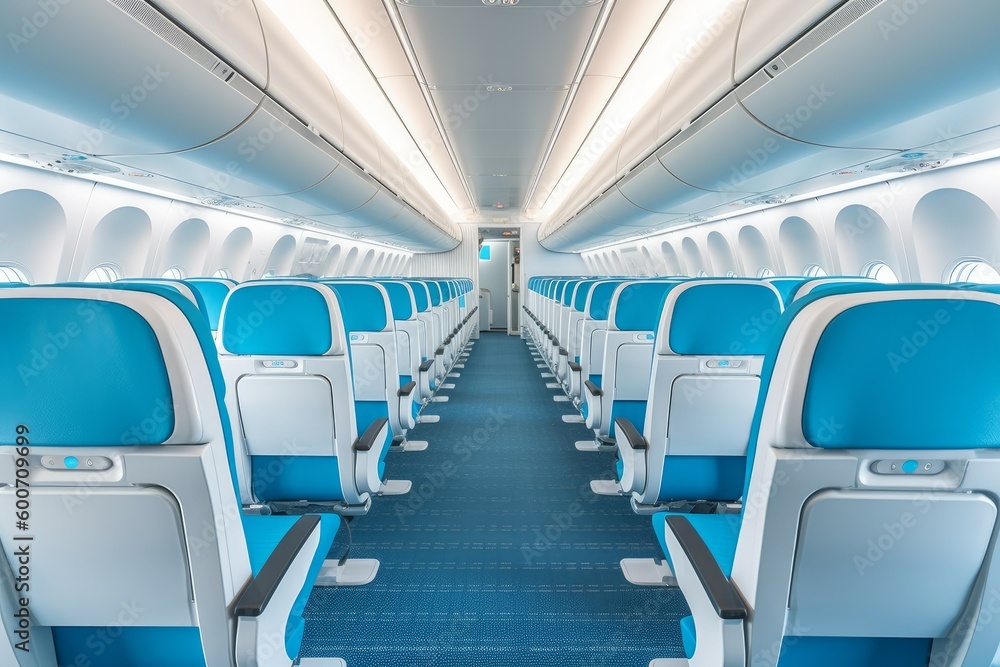 Fototapeta premium Empty aircraft blue interior light. Generate Ai