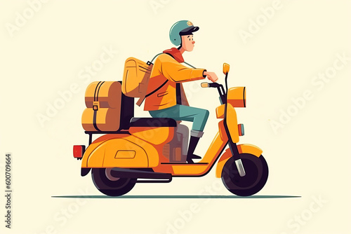A parcel deliveryman riding a yellow scooter. Generative AI illustration.
