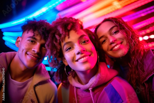 Glowing with Diversity: Portrait of a Group of People in Neon Colors. generative ai.