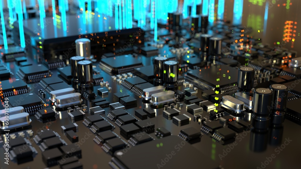 3d illustration of various chips on a printed circuit board with a vivid effect 3d illustration of various chips on a printed circuit board with a vivid effect