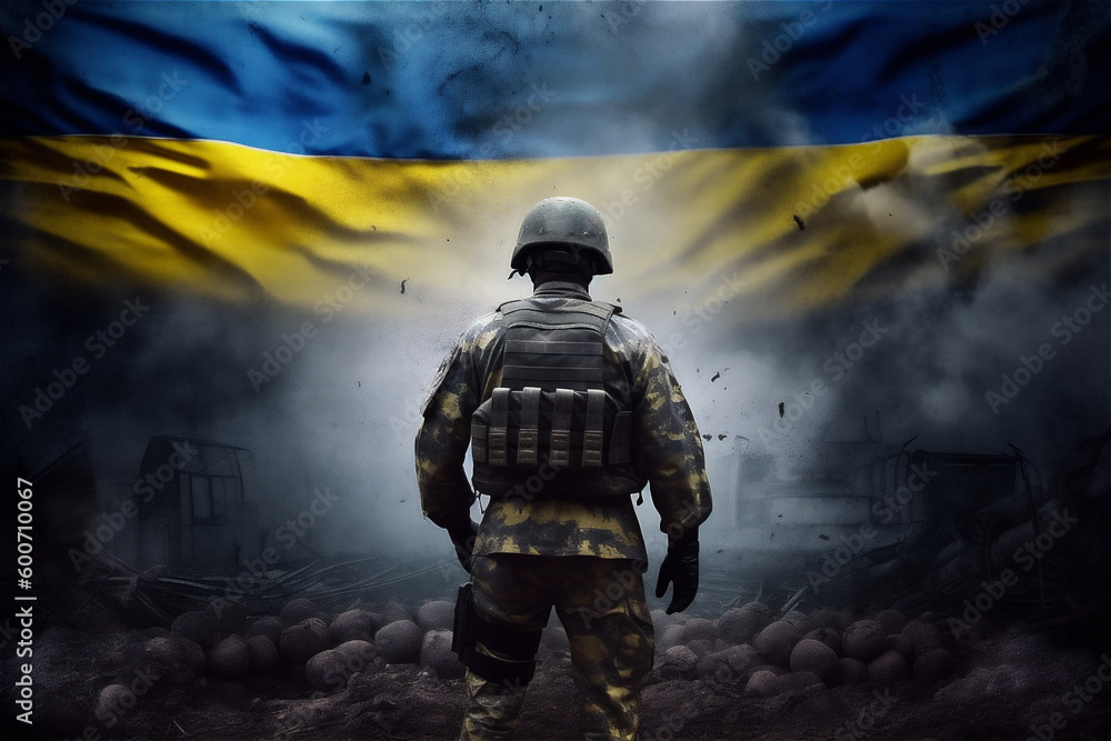 Fototapeta premium Back of soldier against Ukrainian flag in ruined city. War in Ukraine concept. Generative AI.