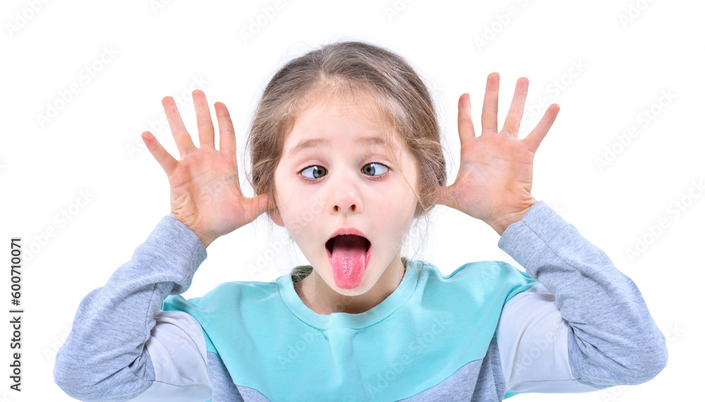 Portrait of funny spoiled girl showing tongue isolated on white background Portrait of funny spoiled girl showing tongue isolated on white background