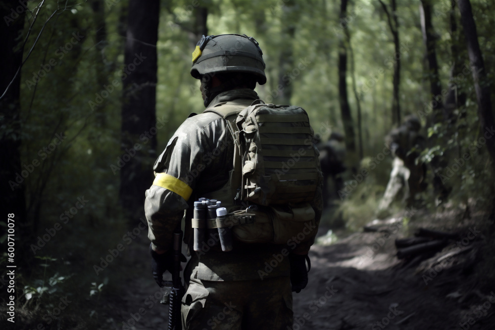 Back of soldier in deep forest. Special forces war operation. Generative AI.