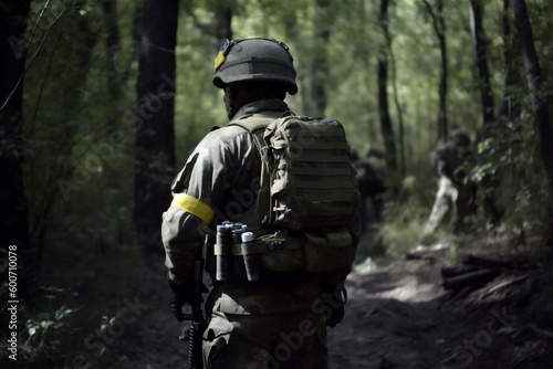 Back of soldier in deep forest. Special forces war operation. Generative AI.