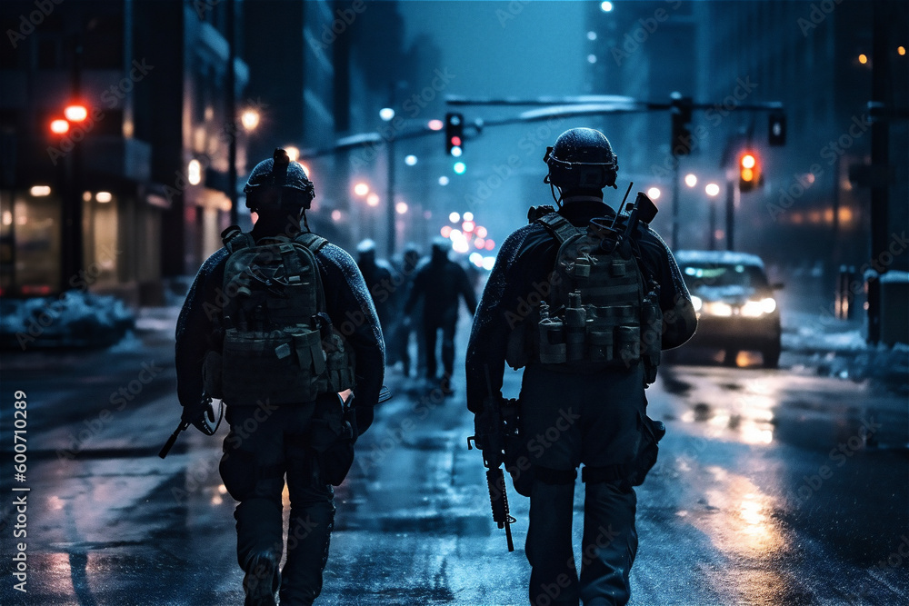 Two soldiers walk in night big city. Special forces war operation. Curfew concept. Generative AI.