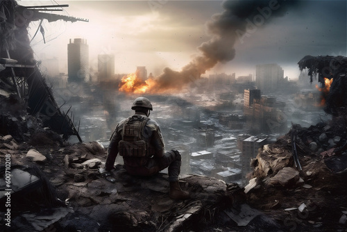 Soldier sit and looks at ruin city at war. Generative AI.