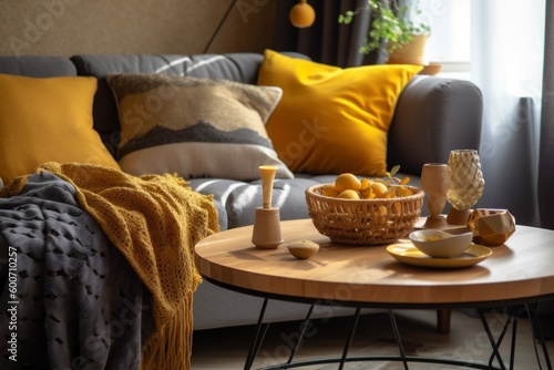 house chair sofa modern pillow yellow interior decor grey home cushion. Generative AI.
