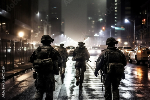 Back of group soldiers run in night big city. Special forces war operation. Generative AI.