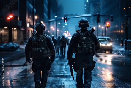 Two soldiers walk in night big city. Special forces war operation. Curfew concept. Generative AI.