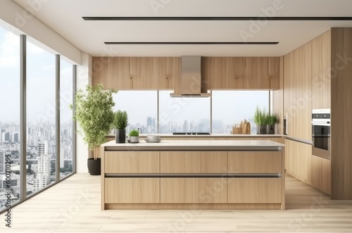 Modern wooden kitchen. Generate Ai © nsit0108
