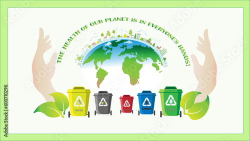 Waste segregation. Sorting garbage by material and type in colored trash cans. Separating and recycling garbage vector infographic. sustainability  environment .