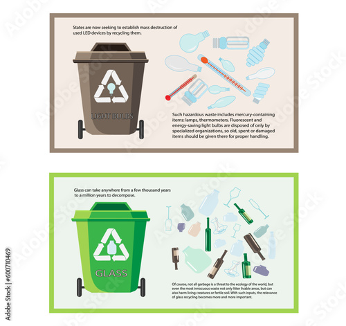 Waste segregation. Sorting garbage by material and type in colored trash cans. Separating and recycling garbage vector infographic. sustainability  environment .