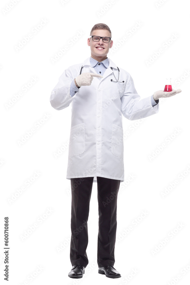 in full growth. smiling doctor with a laboratory flask. in full growth. smiling doctor with a laboratory flask.