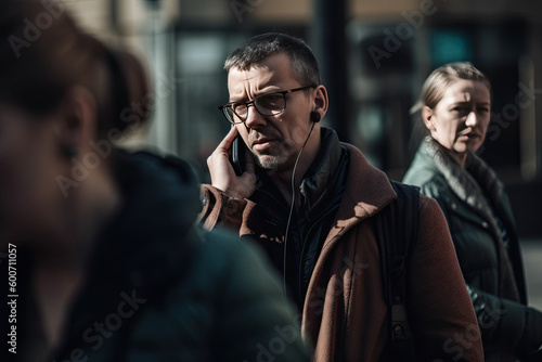 man on the phone in the city worried