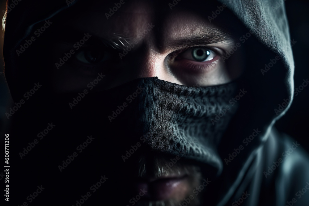 masked hacker man looking in camera masked hacker man looking in camera