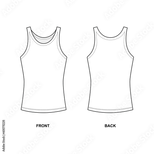 Outline vector illustration of a classic white tank top with round neck. Undershirt template in white color, vector. Sketch shirts in casual style, unisex design.