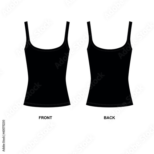 Vector illustration of a black knitted tank top. T-shirt template with round neckline. Drawing of a women's tank top front and back view.