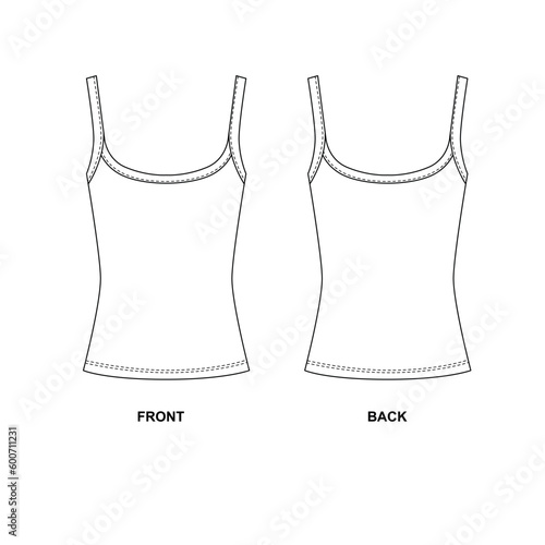 Vector illustration of a knitted T-shirt with thin straps. Slim T-shirt template with round neckline, in stretch fabric. Outline Drawing of a women's tank top with straps, front and back view.