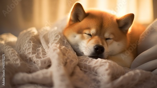 Cuddly Shiba Inu Resting on a Soft Blanket