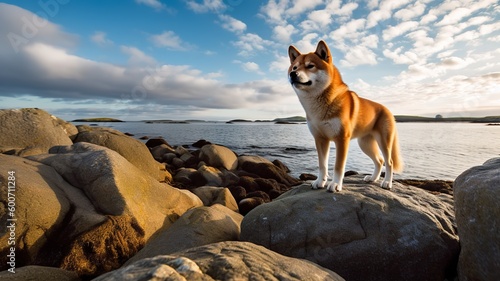 Stunning Shiba Inu Gazing Out Over a Rocky Coastline