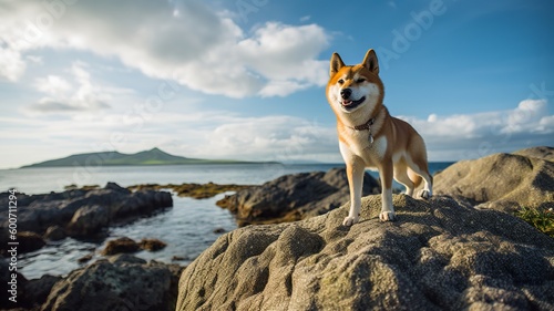 Stunning Shiba Inu Gazing Out Over a Rocky Coastline