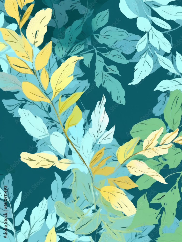 Nature-inspired design showcases the beauty of trees, leaves, and plants in various shades of green and blue, celebrating the essence of spring and summer. Drawing of foliage. Generative AI. Nature-inspired design showcases the beauty of trees, leaves, and plants in various shades of green and blue, celebrating the essence of spring and summer. Drawing of foliage. Generative AI.