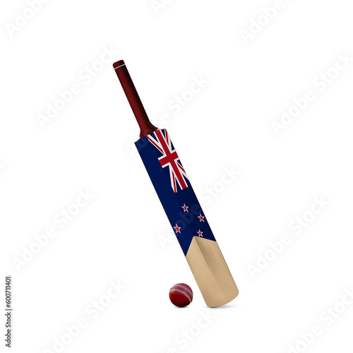 Cricket bat and ball on white background with  New Zealand flag photo