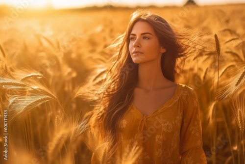 Woman with long hair in ripe wheat field planning harvest activity gold sunrise. AI generative © SANGHYUN