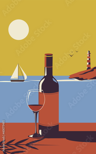 A bottle of wine and a glass of wine against the backdrop of a seascape. Recreation concept. Restaurant by the sea. Retro style.