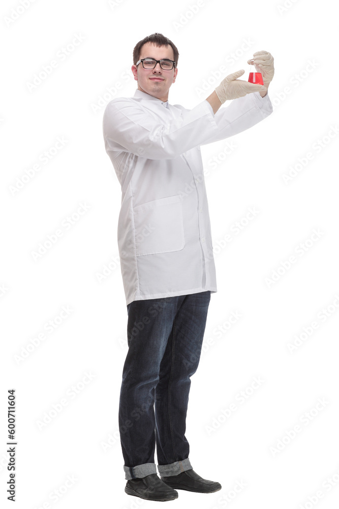 Confident man doctor wearing unifrom and glasses holding beaker Confident man doctor wearing unifrom and glasses holding beaker