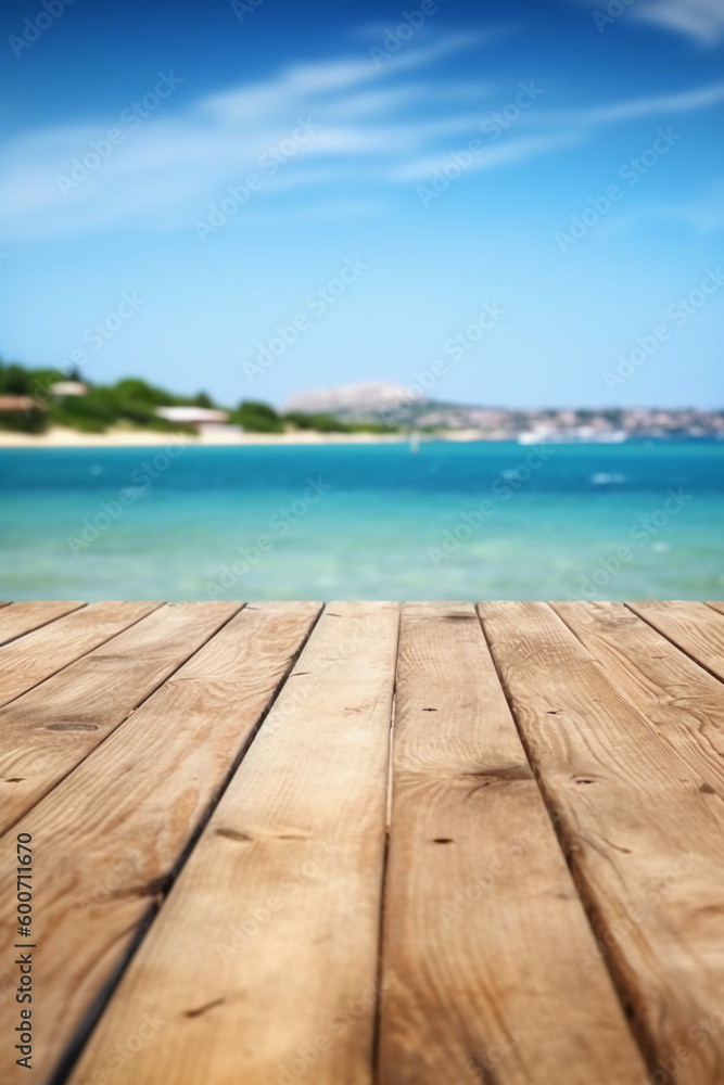 Wooden table blurred Croatian sea in Vodice background. AI generative