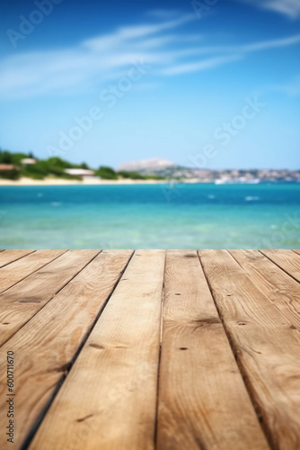 Wooden table blurred Croatian sea in Vodice background. AI generative