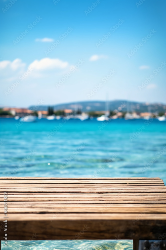 Fototapeta premium Wooden table blurred Croatian sea in Vodice background. AI generative