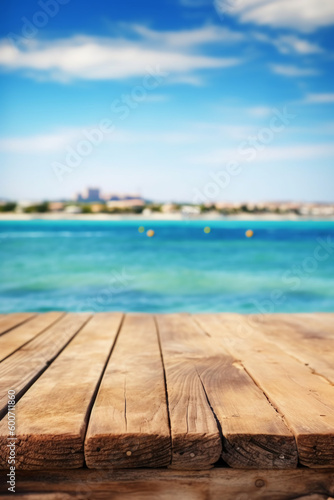 Wooden table blurred Croatian sea in Vodice background. AI generative © SANGHYUN