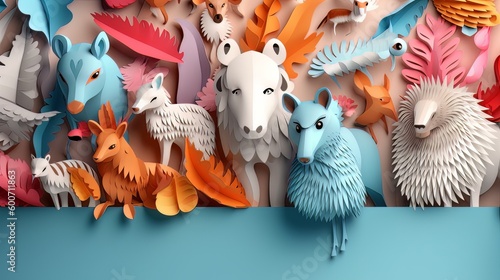 Wild animals in jungle forest. Illustration art in paper fold and cut style. Created by generative Ai