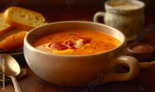 Close up of bowl of soup on table with bread in the background. Generative AI.