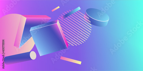 Futuristic abstract gradient bright background with various flying shapes. Zero gravity.