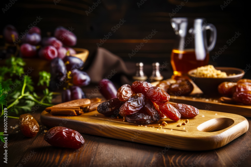 Wooden cutting board topped with dates next to glass of wine. Generative AI.