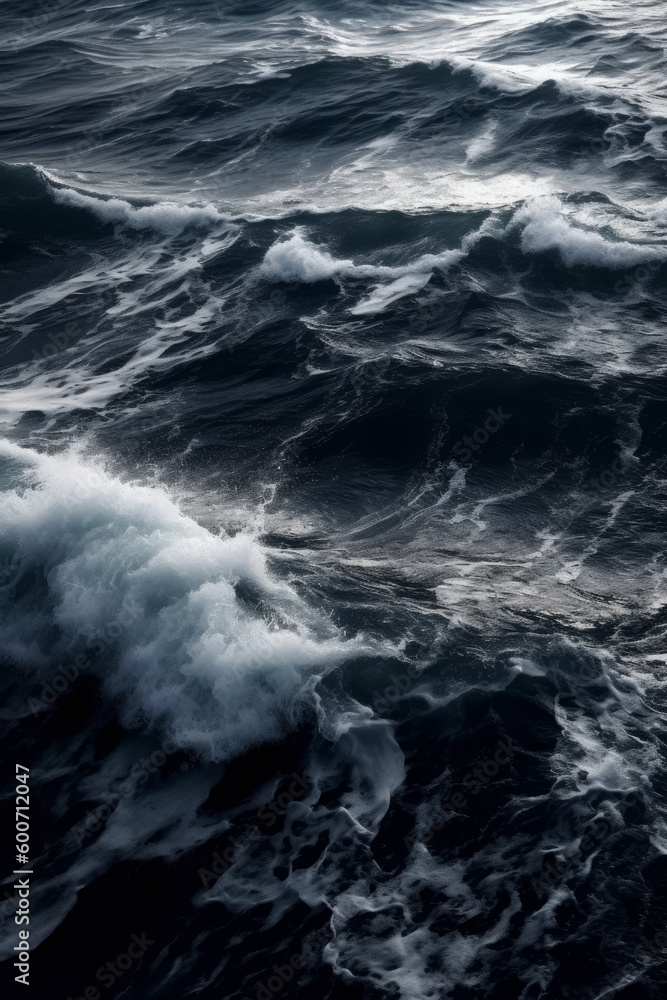 Fototapeta premium Dark black and white close-up photo of an ocean wave captures the raw power and beauty of nature, contrasting foamy white water with deep black hues. Minimalist monochrome sea landscape. Generative AI