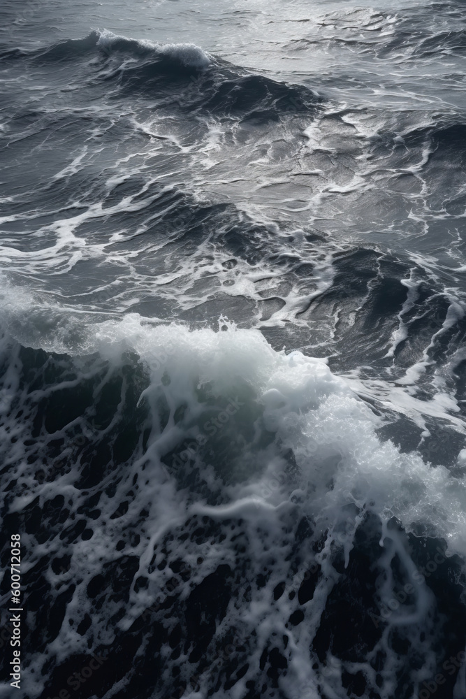 Dark black and white close-up photo of an ocean wave captures the raw power and beauty of nature, contrasting foamy white water with deep black hues. Minimalist monochrome sea landscape. Generative AI